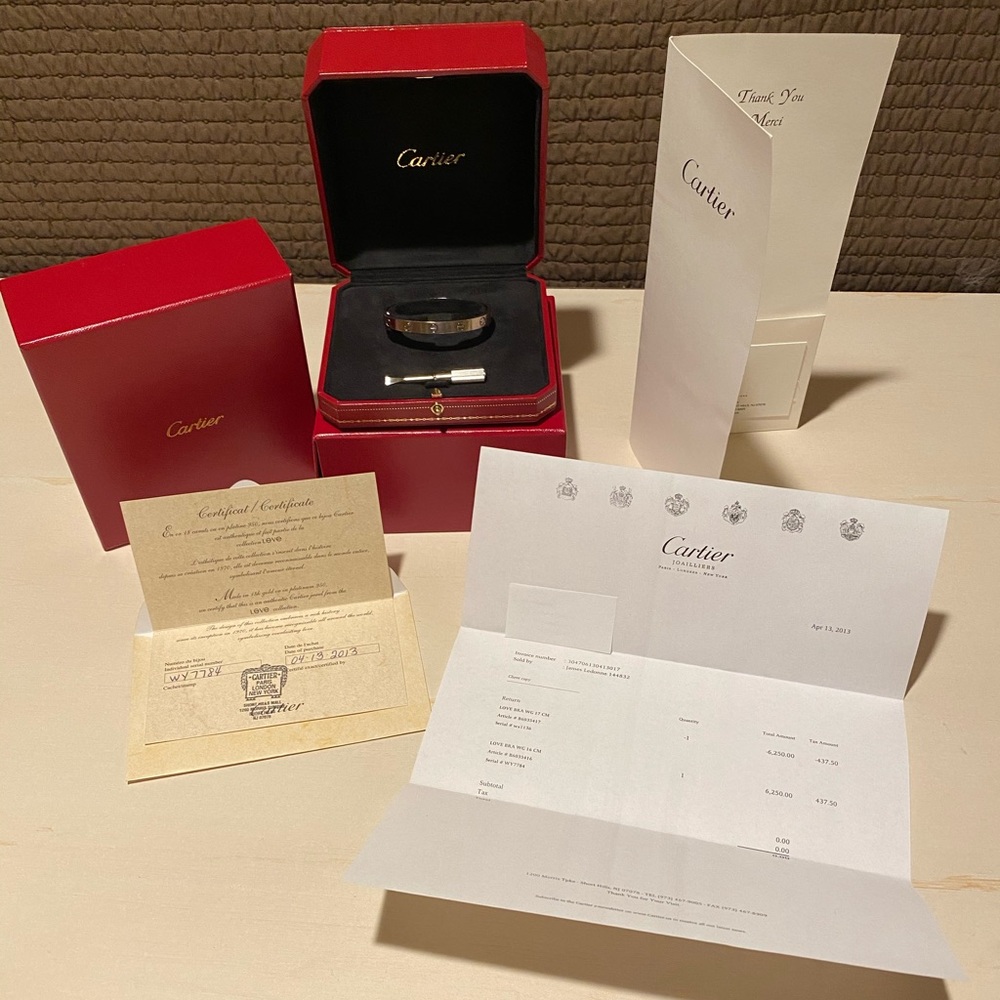 Cartier 18K White Gold Love Bracelet; size 16